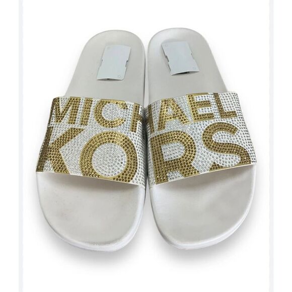 Sz10 nwot michael Kors Gilmore pool slide sandals w/logo bling gold white rhines - Picture 2 of 9